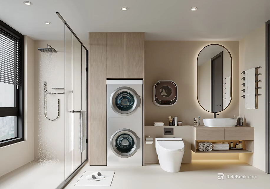 Modern Bathroom With Stacked Washer Dryer Shower Toilet And Vanity 3d model 