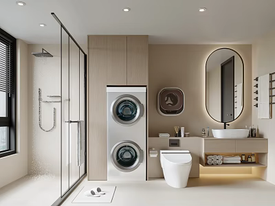 Modern Bathroom With Stacked Washer Dryer Shower Toilet And Vanity 3d model