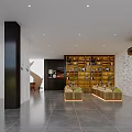 Elegant Cultural Center Interior With Wooden Bookshelves Display Cabinets And Traditional Artworks