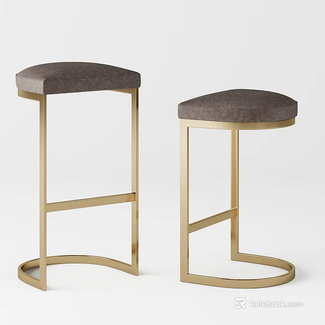 Modern Bar Stools with Gray Cushions and Golden Metal Frames 3d model 