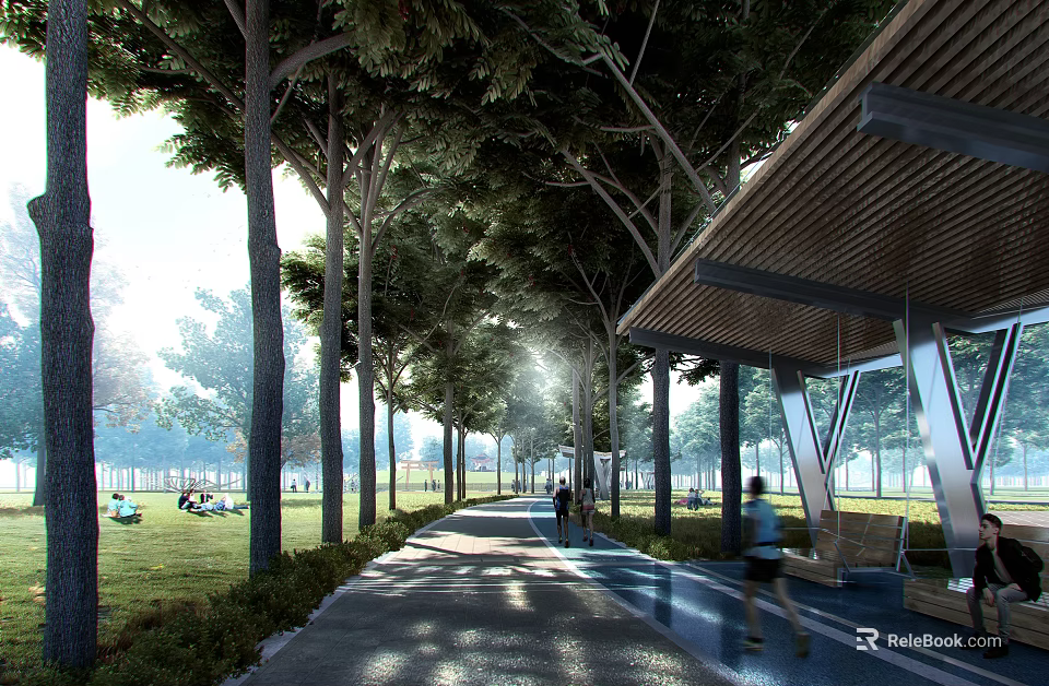 Municipal Road Lined With Green Trees Pedestrian Path And Recreational Walking Area 3d model 
