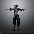 3D Character Model With Blue Hair And Armored Costume Standing Arms Outstretched