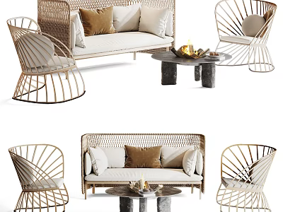 Stylish Modern Outdoor Sofa Set With Wicker Chairs Coffee Table And Comfortable Decorative Cushions 3d model