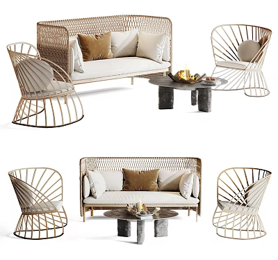 Stylish Modern Outdoor Sofa Set With Wicker Chairs Coffee Table And Comfortable Decorative Cushions 3d model