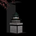 Chinese Style Pavilion with Green Roof on Marble Base and Red Maple Leaves