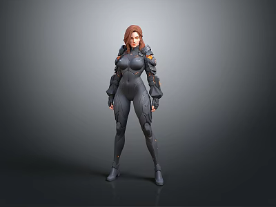 3D Female Character Model in Dark Combat Suit with Orange Accents Standing Pose 3d model