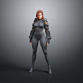 3D Female Character Model in Dark Combat Suit with Orange Accents Standing Pose