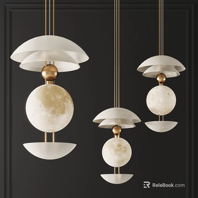 Modern Chandeliers With White Umbrella Shades Gold Metal Frames And Moon Textured Balls 3d model 