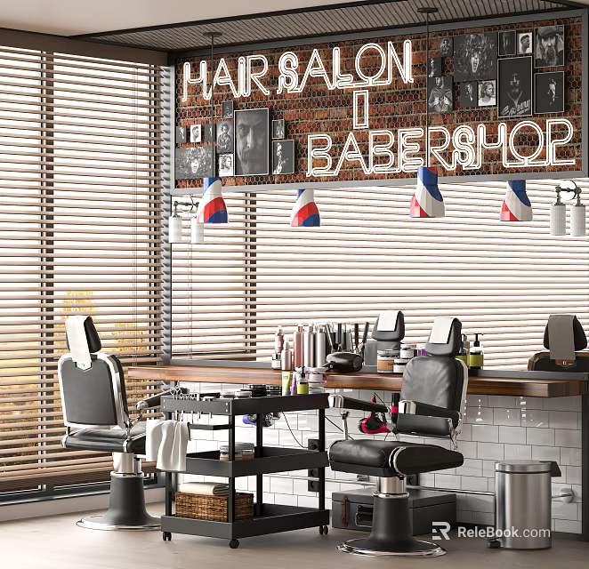 Modern Professional Barbershop Business Equipment With Styling Chairs Workstations And Grooming Tools 3d model 
