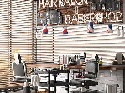 Modern Professional Barbershop Business Equipment With Styling Chairs Workstations And Grooming Tools 3d model