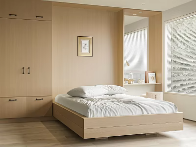 Modern Minimalist Bedroom Interior With Wooden Bed Wardrobe Window Blinds And Artwork 3d model