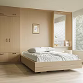 Modern Minimalist Bedroom Interior With Wooden Bed Wardrobe Window Blinds And Artwork