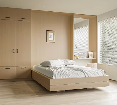 Modern Minimalist Bedroom Interior With Wooden Bed Wardrobe Window Blinds And Artwork 3d model