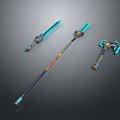 Futuristic Weapons With Blue Glowing Swords Staff Axe And Orange Details