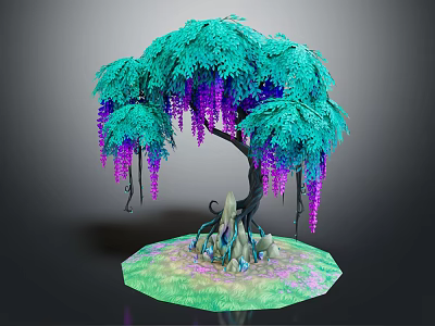 Cartoon Scene With Turquoise Leaf Tree Purple Hanging Flowers And Colorful Ground 3d model