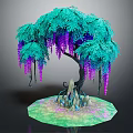 Cartoon Scene With Turquoise Leaf Tree Purple Hanging Flowers And Colorful Ground
