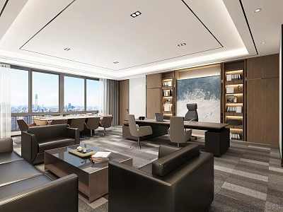 Modern Office Interior With Large Windows Leather Sofas Desk Bookshelves And City View 3d model