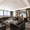 Modern Office Interior With Large Windows Leather Sofas Desk Bookshelves And City View