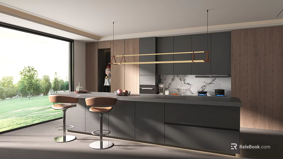 Modern Kitchen Interior Design With Island Counter Pendant Lights Bar Stools And Green Lawn View 3d model 