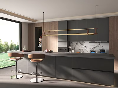 Modern Kitchen Interior Design With Island Counter Pendant Lights Bar Stools And Green Lawn View 3d model