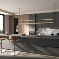 Modern Kitchen Interior Design With Island Counter Pendant Lights Bar Stools And Green Lawn View