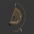 Elegant Rattan Hanging Chair With Round Frame And White And Blue Cushion For Comfortable Seating