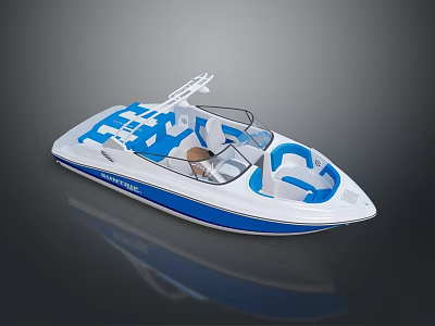 Blue and White Motorboat with Open Cockpit Design Comfortable Seats and Windshield 3d model