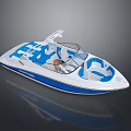 Blue and White Motorboat with Open Cockpit Design Comfortable Seats and Windshield