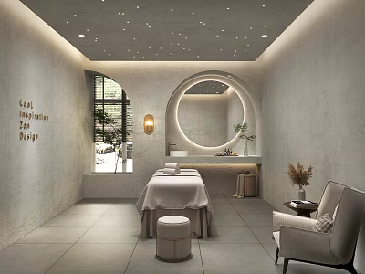 Serene Spa Interior with Arched Window Round Mirror Massage Table and Starry Ceiling Lights 3d model