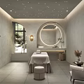 Serene Spa Interior with Arched Window Round Mirror Massage Table and Starry Ceiling Lights 3d model