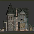 Vintage House Architecture With Stone Tower Sloped Roof Blue Exterior And Wooden Porch Steps
