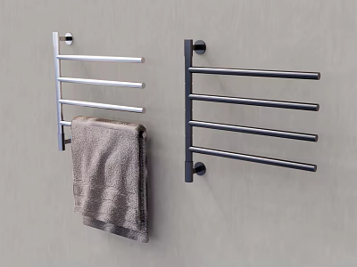 Wall Mounted Bathroom Towel Racks in Silver and Black with Gray Towel on Gray Wall 3d model