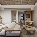 Natural Style Hotel Room With Wooden Furniture Cozy Sofa Bed Coffee Table And Rattan Ceiling