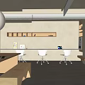 Modern Public Office Space Interior With Long Desk White Chairs Hanging Lamp And Wooden Shelves