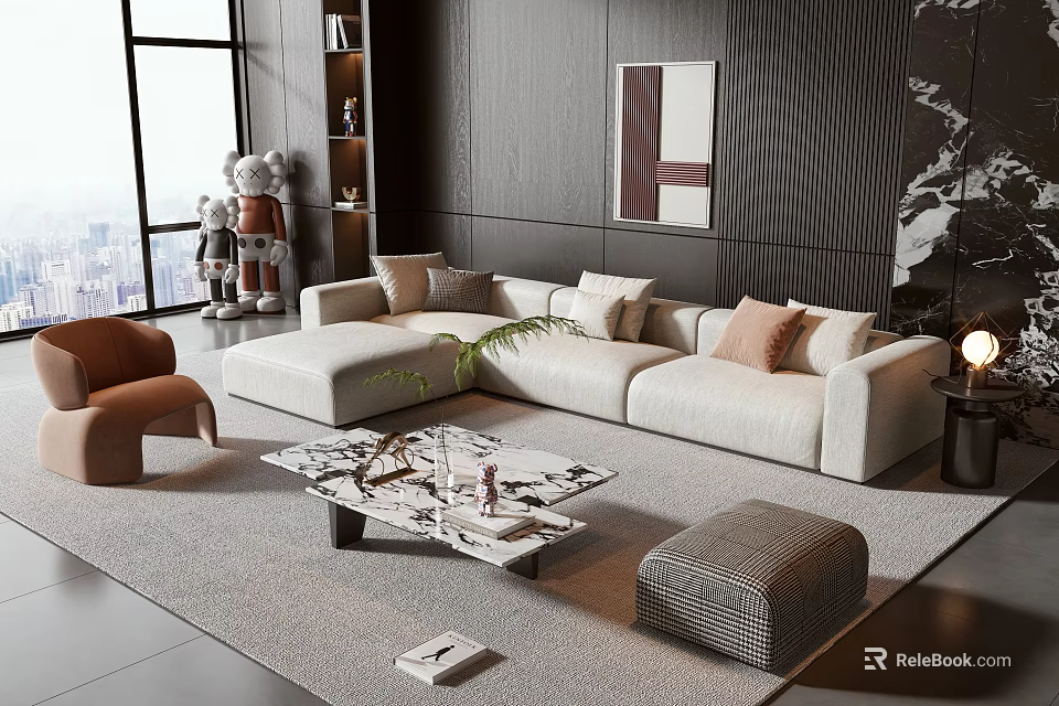 Modern Living Room With L Shaped Beige Sofa With Throw Pillows And Marble Coffee Table 3d model