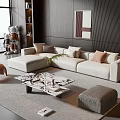 Modern Living Room With L Shaped Beige Sofa With Throw Pillows And Marble Coffee Table 3d model