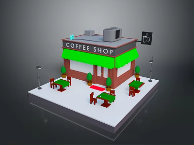 Charming Coffee Shop Exterior Scene With Green Awning Outdoor Tables And Street Lamps 3d model