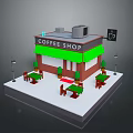 Charming Coffee Shop Exterior Scene With Green Awning Outdoor Tables And Street Lamps