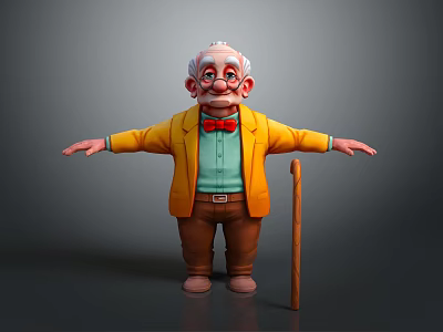 Game Movie Character Elderly Man Wearing Yellow Coat Red Bow Tie with Cane Arms Outstretched 3d model