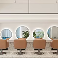 Modern Beauty Hair Salon Interior With Curved Mirrors Orange Chairs Green Plants And Pendant Lights
