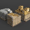 Stacked Wrapped Boxes on Wooden Pallets with Yellow Cardboard and Gray Packages