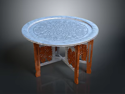 Round Dining Table with Intricate Patterned Tabletop and Elegant Carved Wooden Legs 3d model
