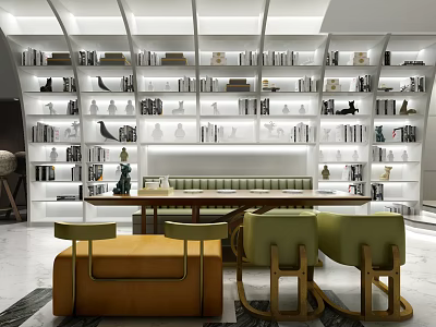 Elegant Modern Restaurant Interior With Bookshelves Long Dining Table Green Chairs And Orange Ottoman 3d model