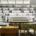 Elegant Modern Restaurant Interior With Bookshelves Long Dining Table Green Chairs And Orange Ottoman