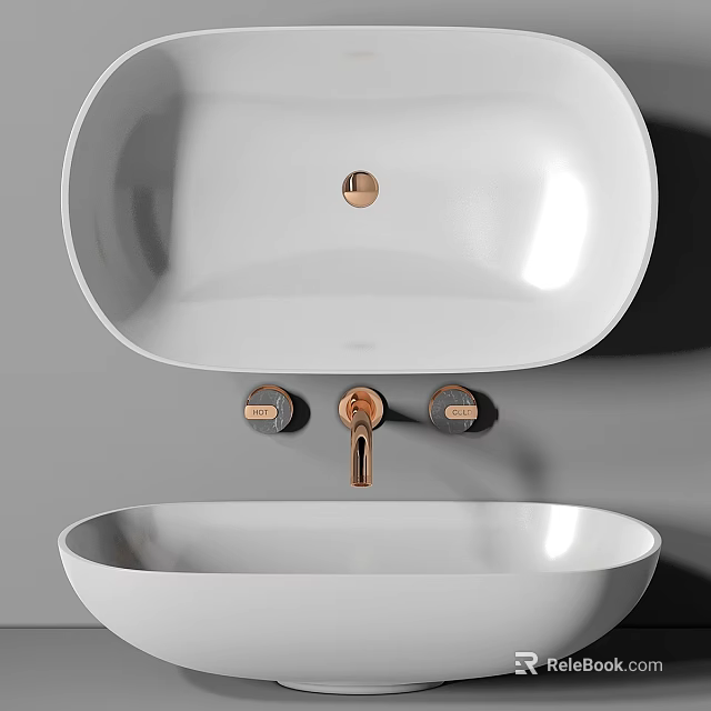 Modern White Double Washbasin Design With Gold Faucet And Knobs 3d model 