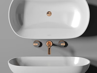 Modern White Double Washbasin Design With Gold Faucet And Knobs 3d model