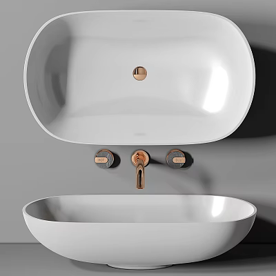 Modern White Double Washbasin Design With Gold Faucet And Knobs 3d model