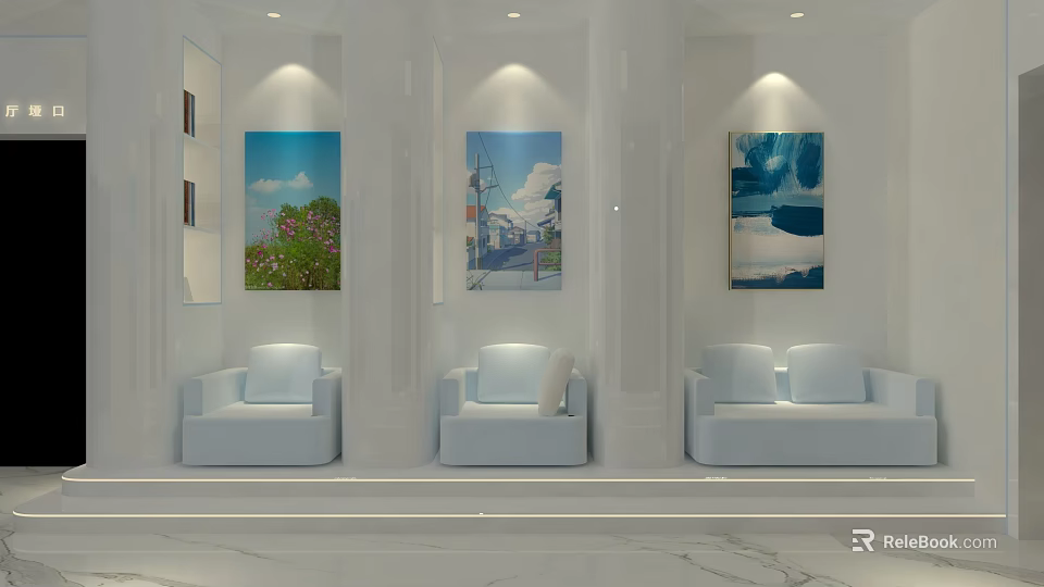 Modern Bright Interior Space With White Columns Three Paintings And White Sofas On Marble Floor 3d model 