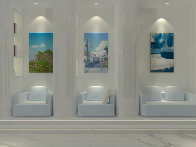 Modern Bright Interior Space With White Columns Three Paintings And White Sofas On Marble Floor 3d model