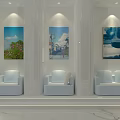 Modern Bright Interior Space With White Columns Three Paintings And White Sofas On Marble Floor
